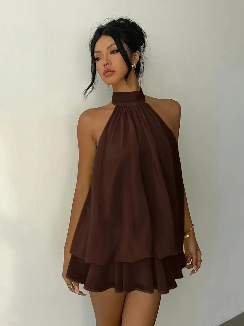 "Lo Exclusivo También Tiene Límites” Vestido de mujer con cuello halter, minifalda transparente de gasa sin espalda con lazo frontal, vestido de fiesta de cumpleaños vintage Y2K sexy y a la moda.
