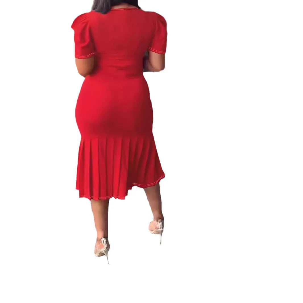 Women'S Spring and Summer Short Sleeve Crew Neck Hip Wrap Skirt Pleated Medium and Long Dress 2026 Trend Retro Spring New