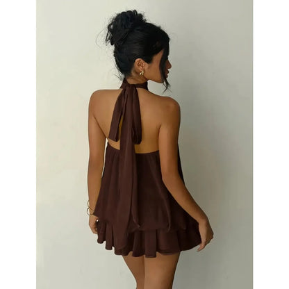 "Lo Exclusivo También Tiene Límites” Vestido de mujer con cuello halter, minifalda transparente de gasa sin espalda con lazo frontal, vestido de fiesta de cumpleaños vintage Y2K sexy y a la moda.