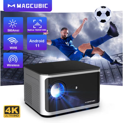 Android 11 4K Smart Projector with 580 ANSI Lumens, 1920x1080P Full HD, Wifi 6, Bluetooth 5.0, Allwinner H713, and Voice Control for Home Cinema Theater
