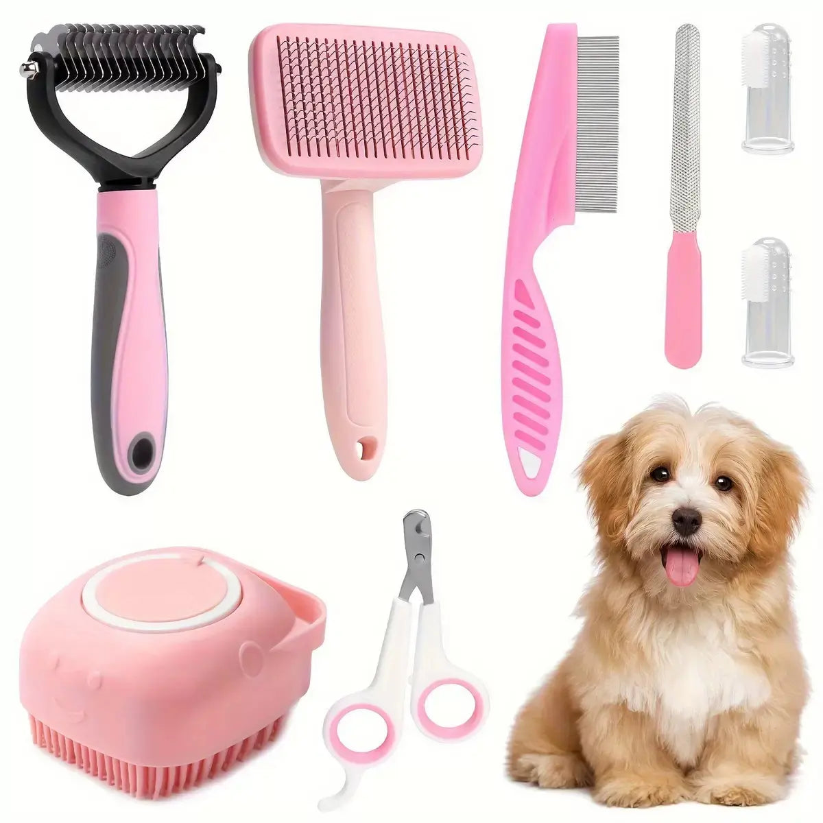 8-in-1 Professional Pet Grooming Kit for Dogs and Cats - Complete Brush Set with Dematting Comb, Slicker Brush, Nail Clipper, and Trimmer for a Tangle-Free, Shiny Coat