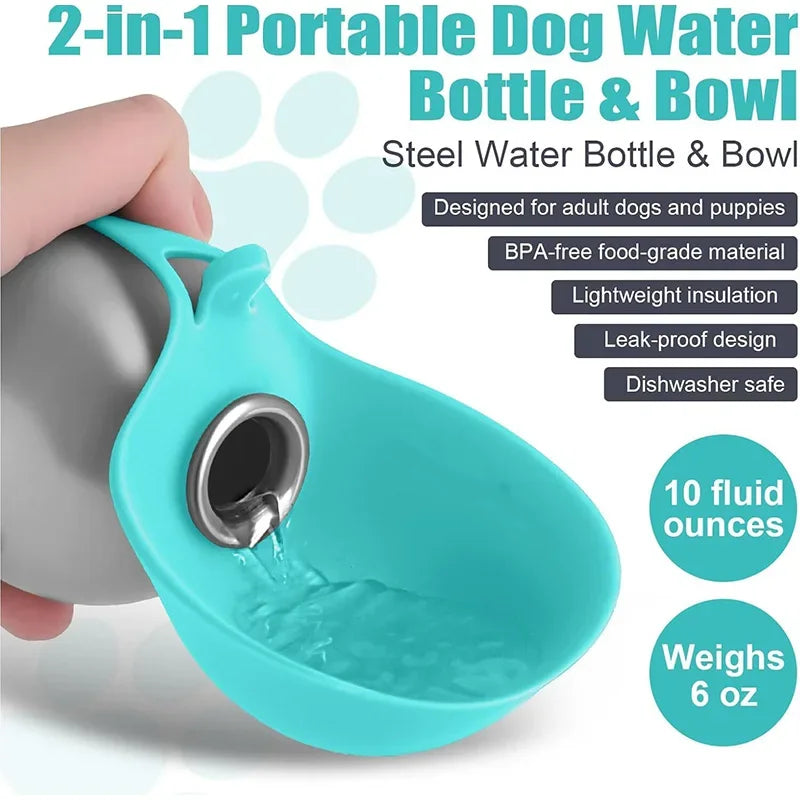 Dog Water Bottle with Removable Silicone Bowl,285Ml Stainless Steel Construction, Leak-Proof for Outdoor Activities like Walking