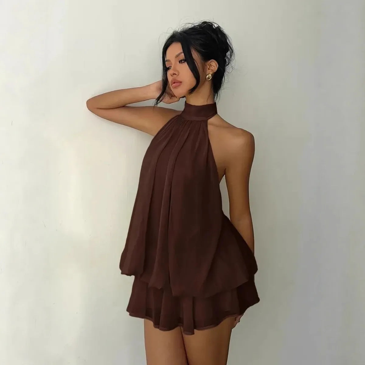 "Lo Exclusivo También Tiene Límites” Vestido de mujer con cuello halter, minifalda transparente de gasa sin espalda con lazo frontal, vestido de fiesta de cumpleaños vintage Y2K sexy y a la moda.