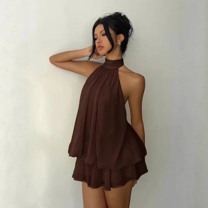 "Lo Exclusivo También Tiene Límites” Vestido de mujer con cuello halter, minifalda transparente de gasa sin espalda con lazo frontal, vestido de fiesta de cumpleaños vintage Y2K sexy y a la moda.
