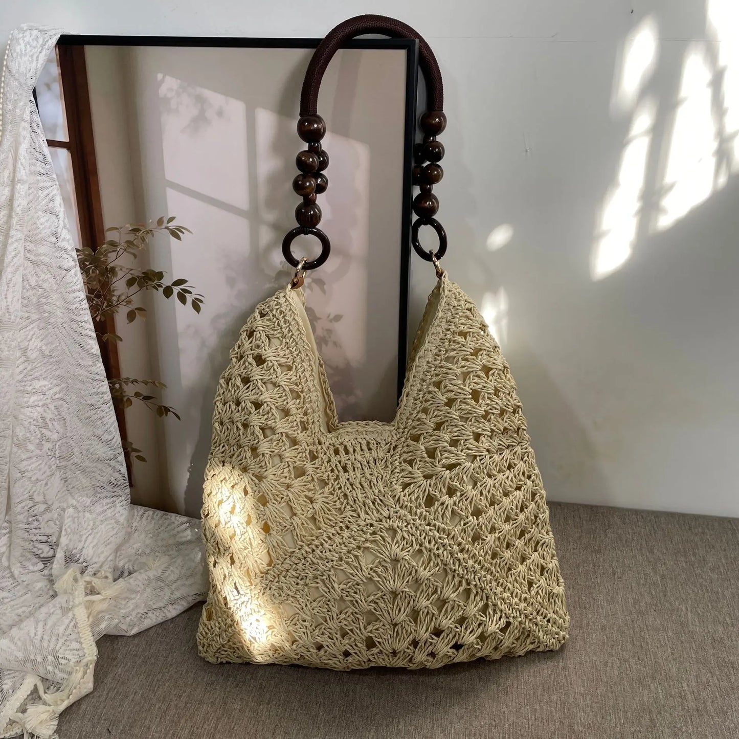Handcrafted Versatile Woven Bag - Lightweight Crochet Straw Shoulder Bag for Beach and Vacation Use