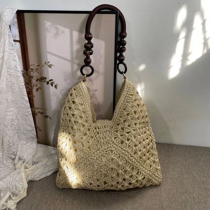 Handcrafted Versatile Woven Bag - Lightweight Crochet Straw Shoulder Bag for Beach and Vacation Use