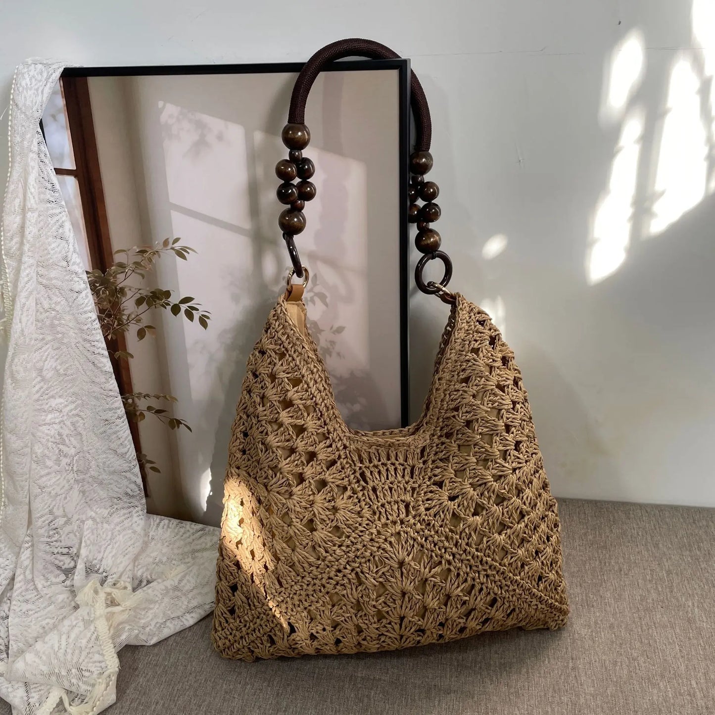 Handcrafted Versatile Woven Bag - Lightweight Crochet Straw Shoulder Bag for Beach and Vacation Use