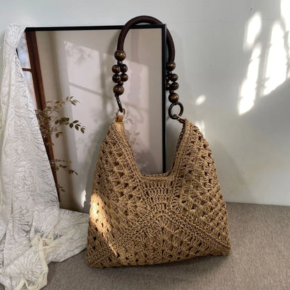 Handcrafted Versatile Woven Bag - Lightweight Crochet Straw Shoulder Bag for Beach and Vacation Use