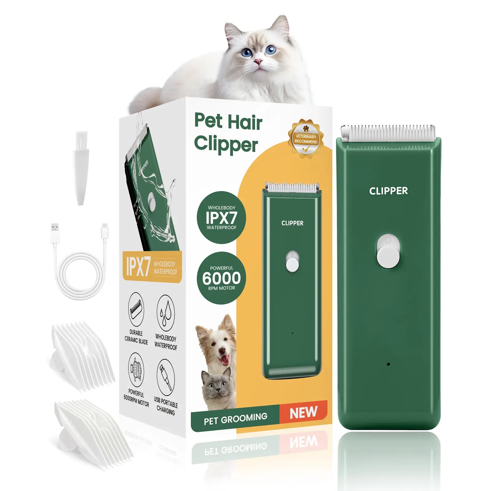 Professional Cordless Pet Clippers for Dog and Cat Grooming, Low Noise Rechargeable Hair Trimmer with Ceramic Blade for Matted and Long Fur