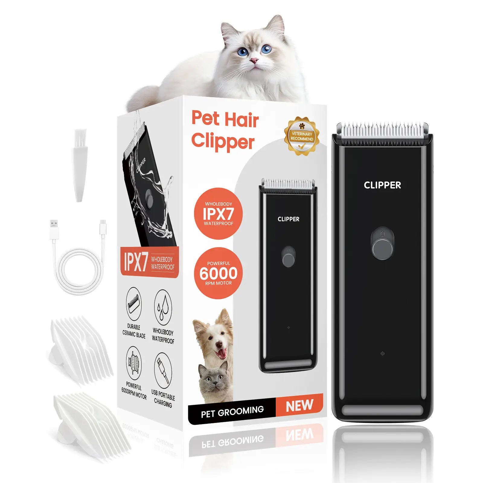Professional Cordless Pet Clippers for Dog and Cat Grooming, Low Noise Rechargeable Hair Trimmer with Ceramic Blade for Matted and Long Fur
