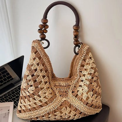 Handcrafted Versatile Woven Bag - Lightweight Crochet Straw Shoulder Bag for Beach and Vacation Use