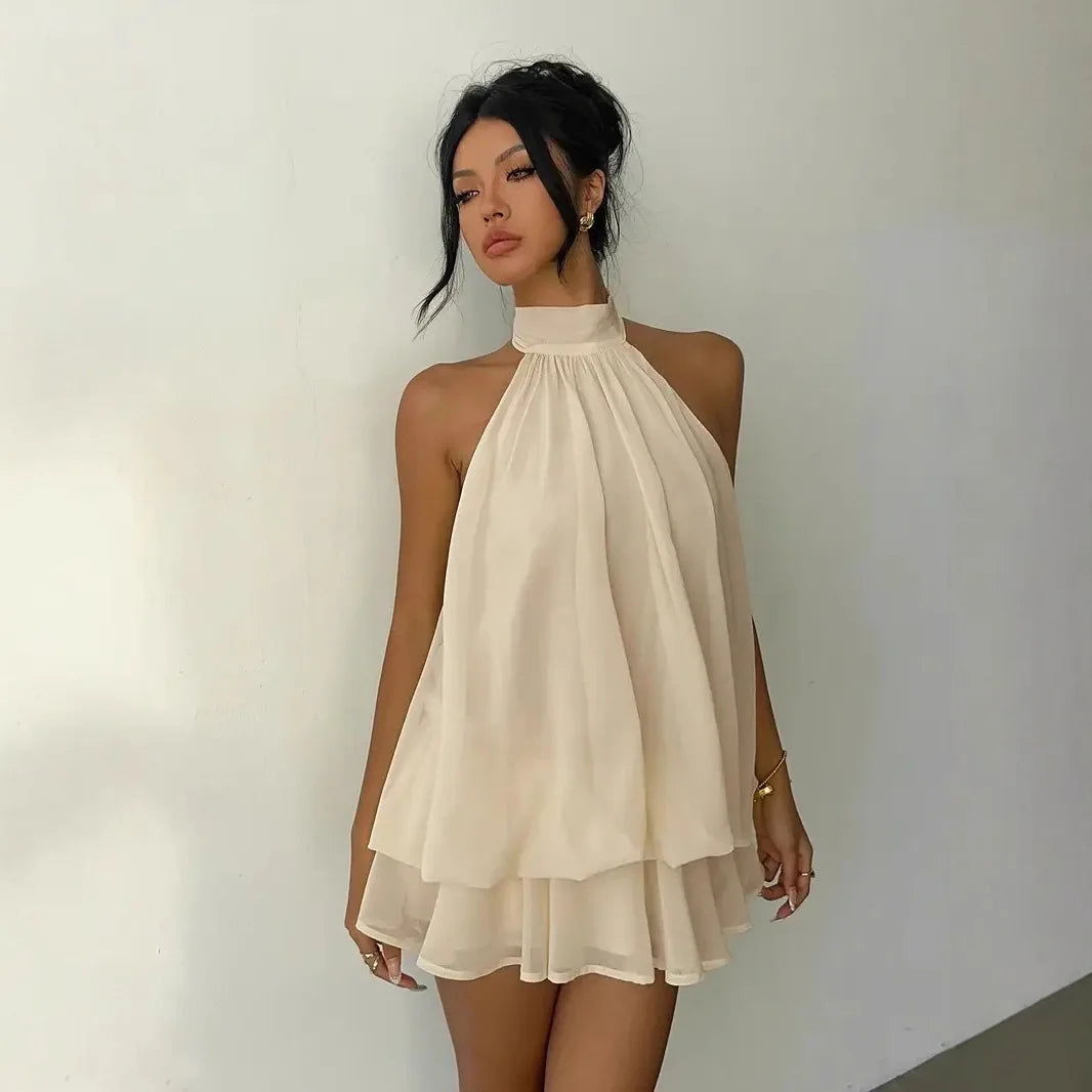 "Lo Exclusivo También Tiene Límites” Vestido de mujer con cuello halter, minifalda transparente de gasa sin espalda con lazo frontal, vestido de fiesta de cumpleaños vintage Y2K sexy y a la moda.