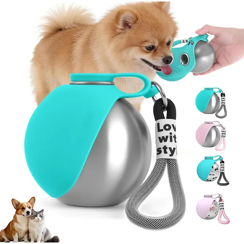 Dog Water Bottle with Removable Silicone Bowl,285Ml Stainless Steel Construction, Leak-Proof for Outdoor Activities like Walking