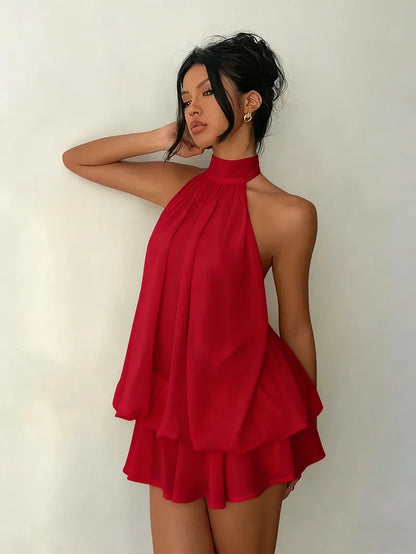 "Lo Exclusivo También Tiene Límites” Vestido de mujer con cuello halter, minifalda transparente de gasa sin espalda con lazo frontal, vestido de fiesta de cumpleaños vintage Y2K sexy y a la moda.