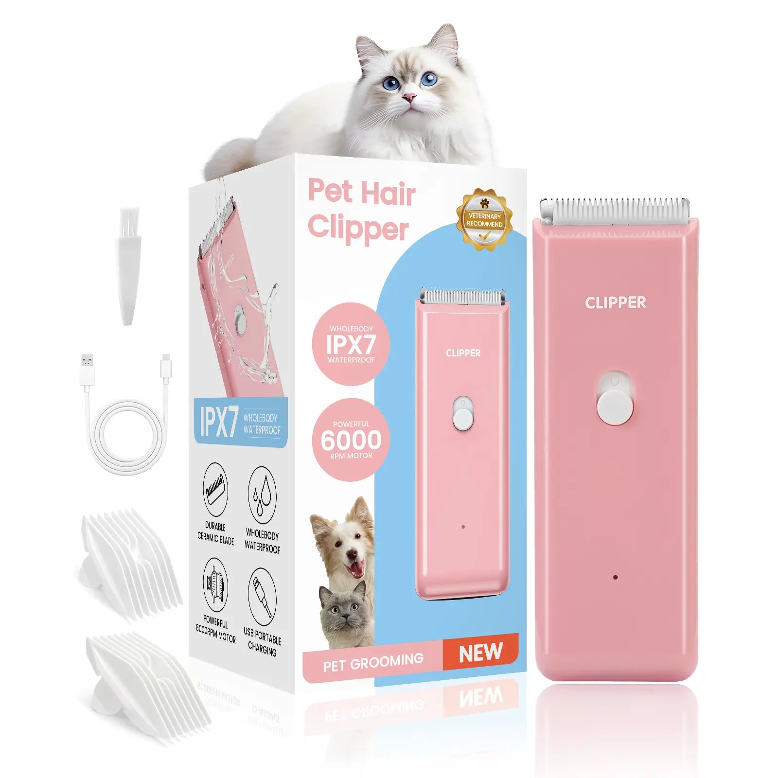 Professional Cordless Pet Clippers for Dog and Cat Grooming, Low Noise Rechargeable Hair Trimmer with Ceramic Blade for Matted and Long Fur