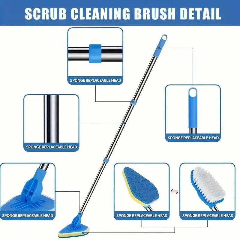 2-In-1 Retractable Restroom Cleaning Brush Set, Bathroom Brush Cleaner, Includes 3 Sponge Heads & 1 Bathroom Cleaning Brush & 1 Stainless Steel Handle, Multifunctional Cleaning Tool for Kitchen, Pool, Bathroom Accessory