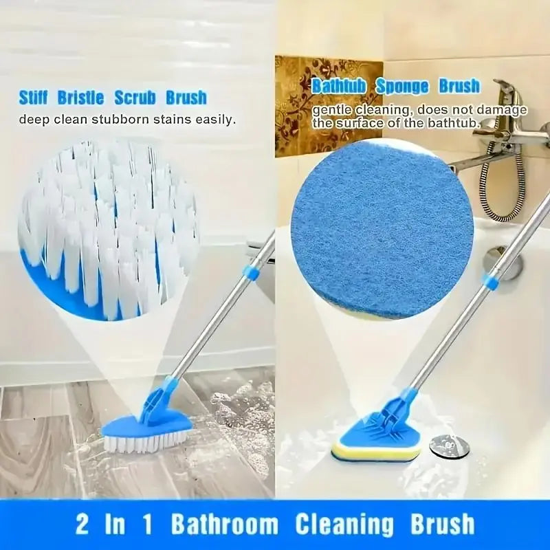 2-In-1 Retractable Restroom Cleaning Brush Set, Bathroom Brush Cleaner, Includes 3 Sponge Heads & 1 Bathroom Cleaning Brush & 1 Stainless Steel Handle, Multifunctional Cleaning Tool for Kitchen, Pool, Bathroom Accessory