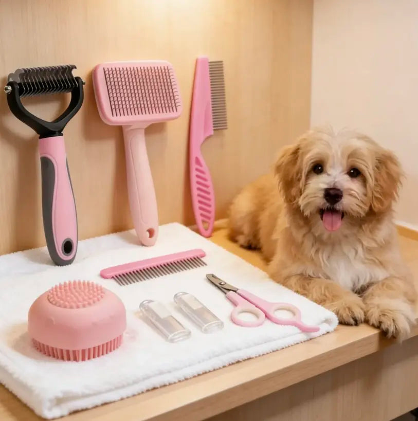 8-in-1 Professional Pet Grooming Kit for Dogs and Cats - Complete Brush Set with Dematting Comb, Slicker Brush, Nail Clipper, and Trimmer for a Tangle-Free, Shiny Coat