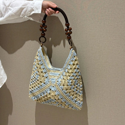 Handcrafted Versatile Woven Bag - Lightweight Crochet Straw Shoulder Bag for Beach and Vacation Use