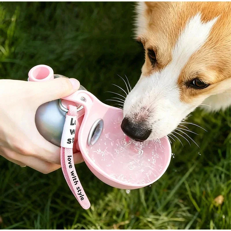 Dog Water Bottle with Removable Silicone Bowl,285Ml Stainless Steel Construction, Leak-Proof for Outdoor Activities like Walking