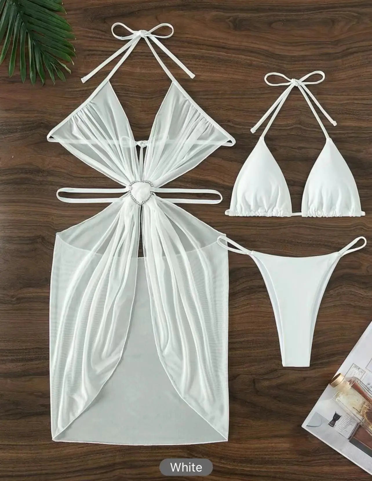  Conjunto de bikini triangular básico liso de 4 colores, traje de baño de 3 piezas, vestido de malla transparente, funda de playa