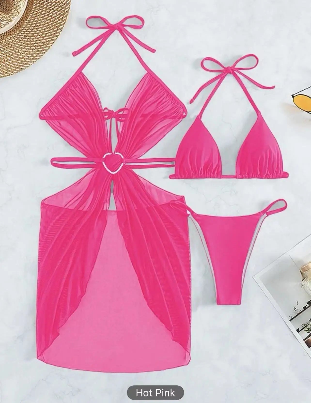  Conjunto de bikini triangular básico liso de 4 colores, traje de baño de 3 piezas, vestido de malla transparente, funda de playa