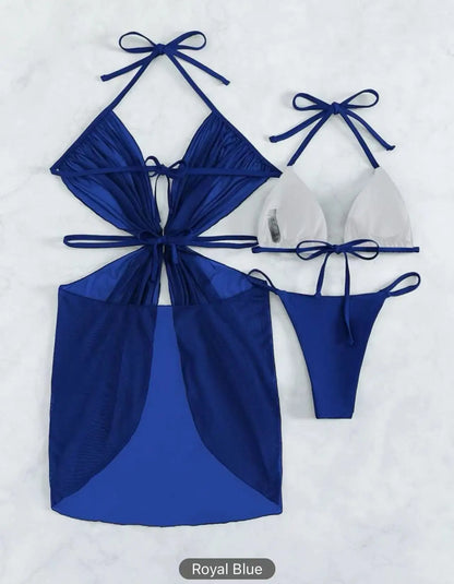  Conjunto de bikini triangular básico liso de 4 colores, traje de baño de 3 piezas, vestido de malla transparente, funda de playa