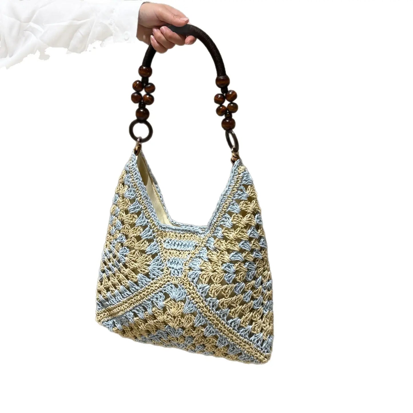 Handcrafted Versatile Woven Bag - Lightweight Crochet Straw Shoulder Bag for Beach and Vacation Use