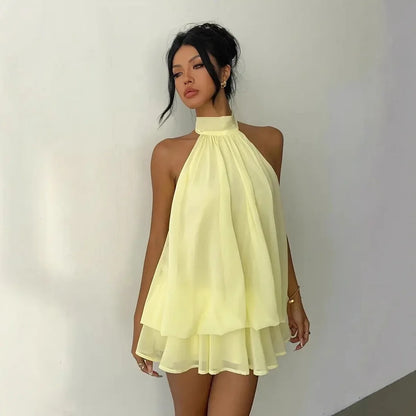 "Lo Exclusivo También Tiene Límites” Vestido de mujer con cuello halter, minifalda transparente de gasa sin espalda con lazo frontal, vestido de fiesta de cumpleaños vintage Y2K sexy y a la moda.