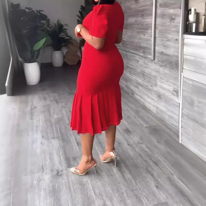 Women'S Spring and Summer Short Sleeve Crew Neck Hip Wrap Skirt Pleated Medium and Long Dress 2026 Trend Retro Spring New