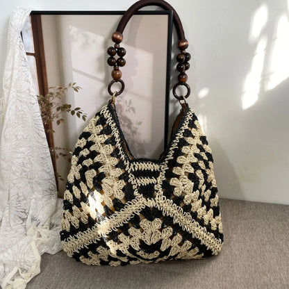 Handcrafted Versatile Woven Bag - Lightweight Crochet Straw Shoulder Bag for Beach and Vacation Use