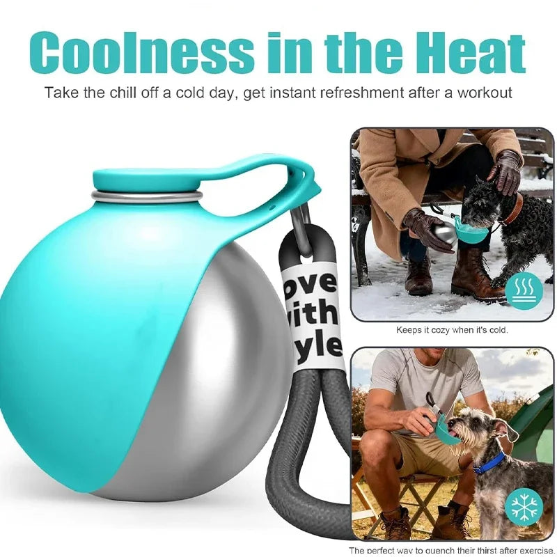 Dog Water Bottle with Removable Silicone Bowl,285Ml Stainless Steel Construction, Leak-Proof for Outdoor Activities like Walking