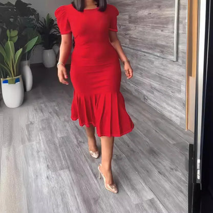 Women'S Spring and Summer Short Sleeve Crew Neck Hip Wrap Skirt Pleated Medium and Long Dress 2026 Trend Retro Spring New