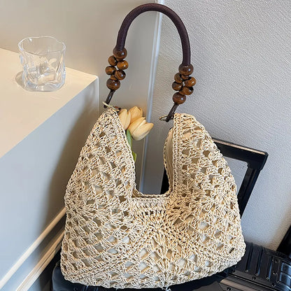 Handcrafted Versatile Woven Bag - Lightweight Crochet Straw Shoulder Bag for Beach and Vacation Use