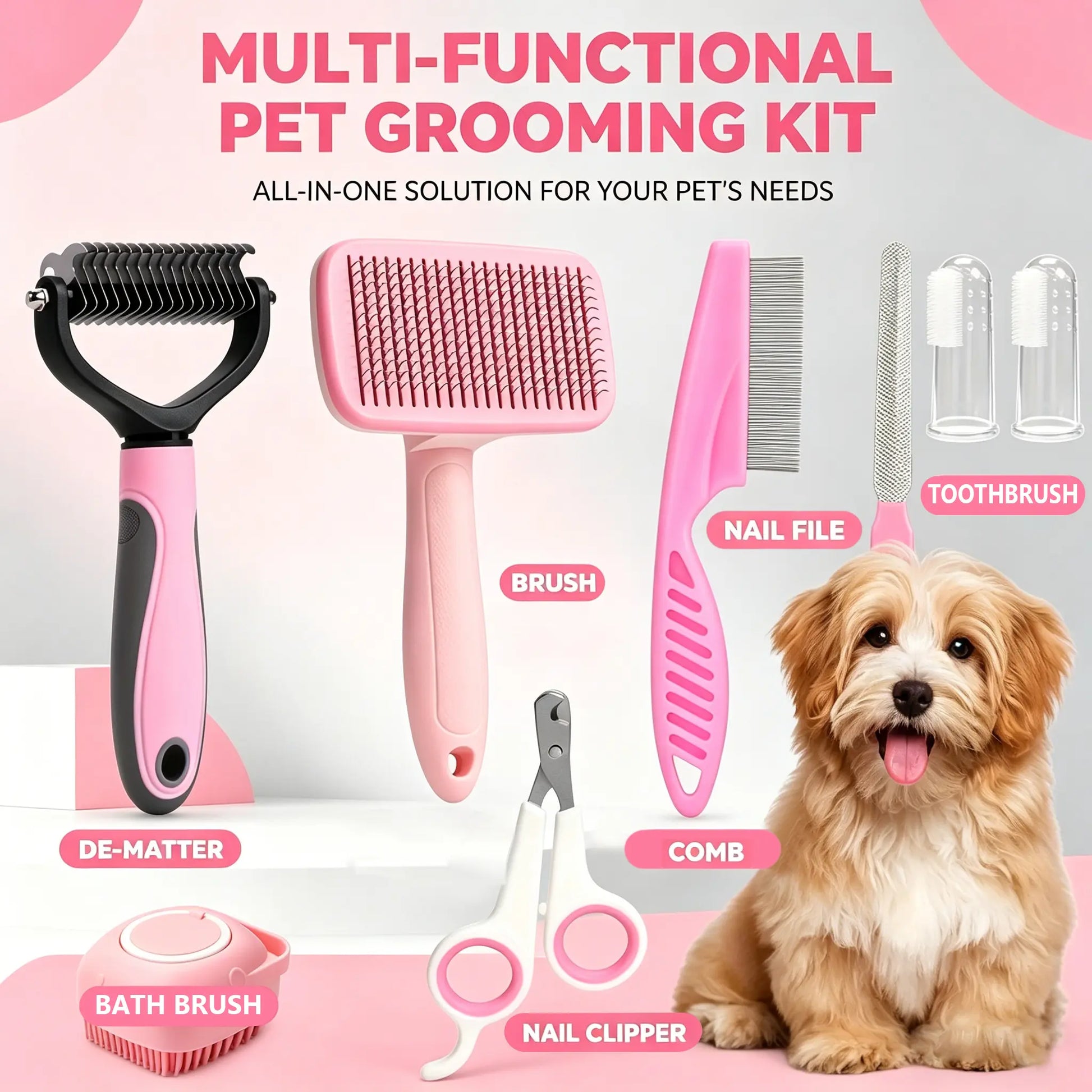 8-in-1 Professional Pet Grooming Kit for Dogs and Cats - Complete Brush Set with Dematting Comb, Slicker Brush, Nail Clipper, and Trimmer for a Tangle-Free, Shiny Coat