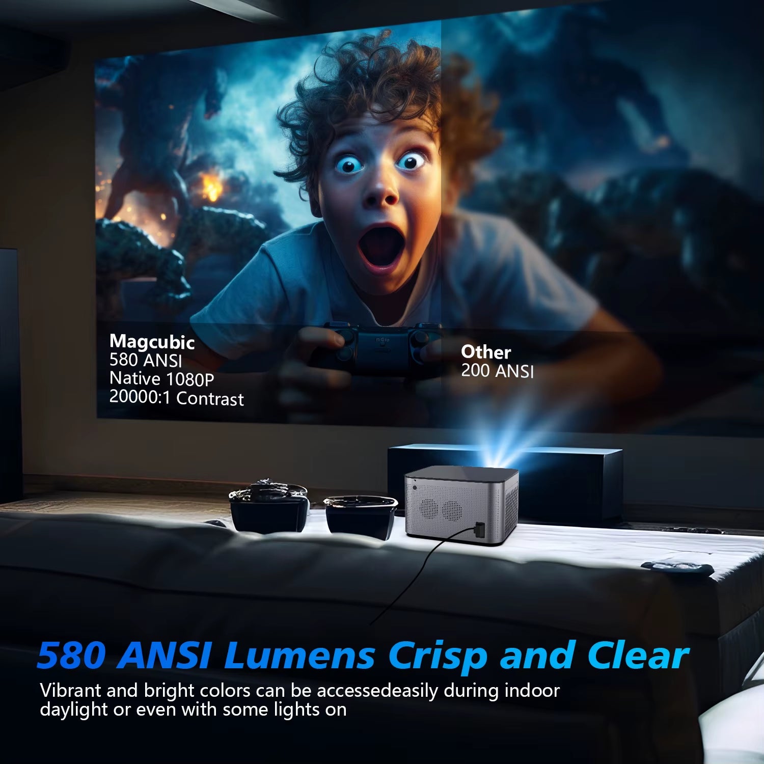 Android 11 4K Smart Projector with 580 ANSI Lumens, 1920x1080P Full HD, Wifi 6, Bluetooth 5.0, Allwinner H713, and Voice Control for Home Cinema Theater