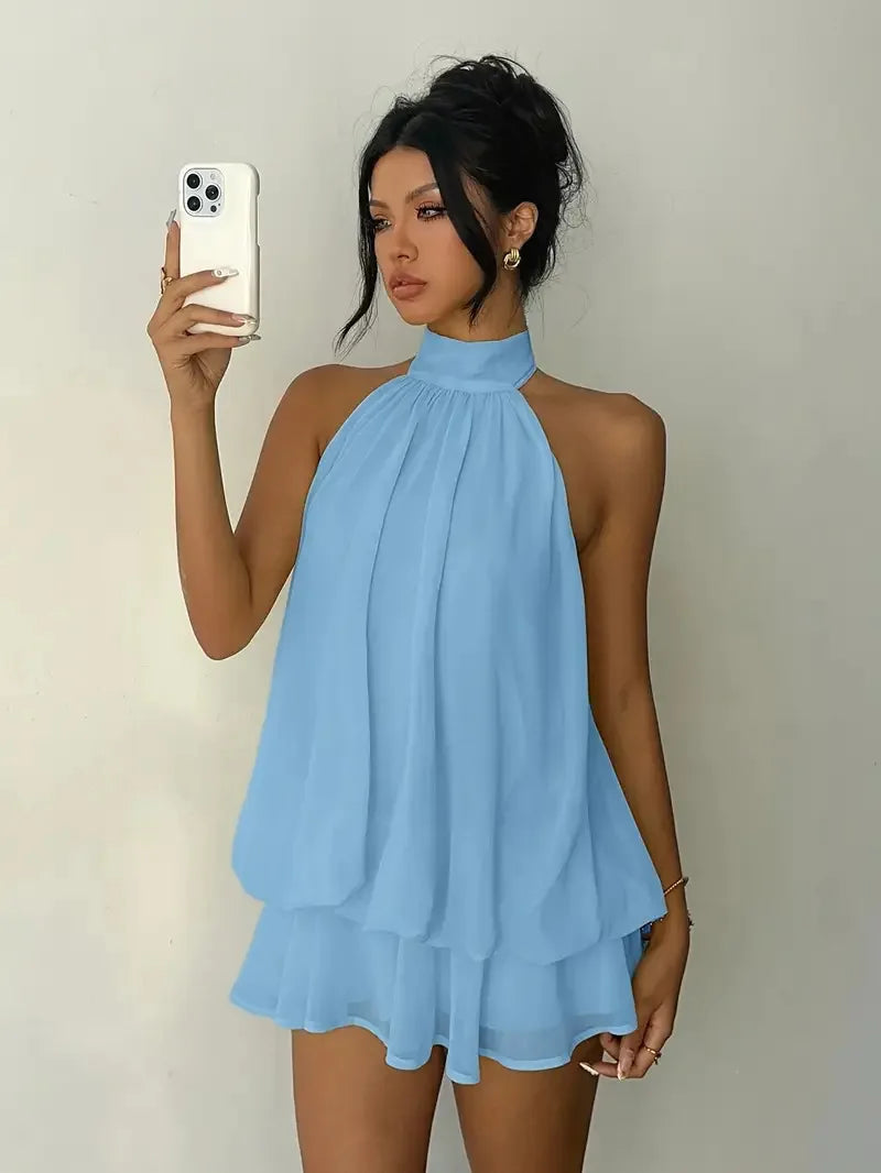 "Lo Exclusivo También Tiene Límites” Vestido de mujer con cuello halter, minifalda transparente de gasa sin espalda con lazo frontal, vestido de fiesta de cumpleaños vintage Y2K sexy y a la moda.