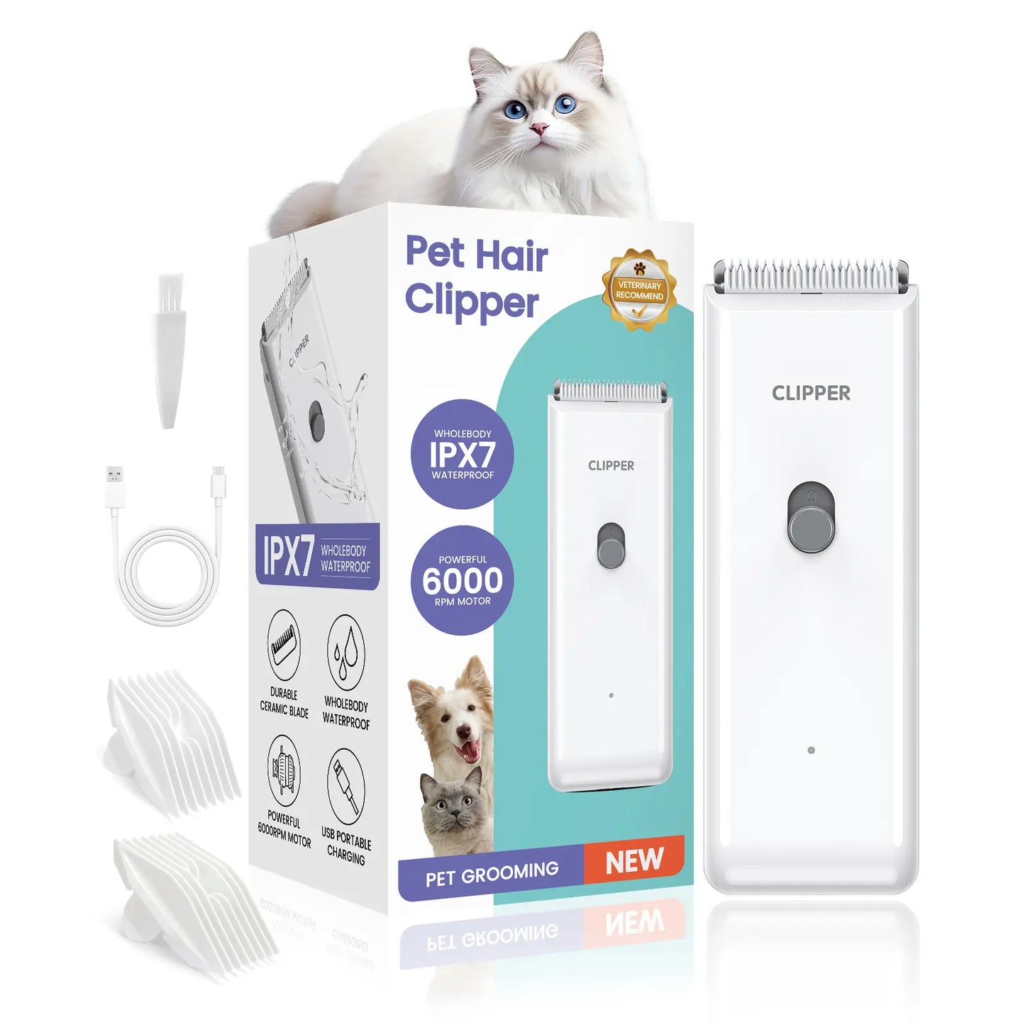 Professional Cordless Pet Clippers for Dog and Cat Grooming, Low Noise Rechargeable Hair Trimmer with Ceramic Blade for Matted and Long Fur
