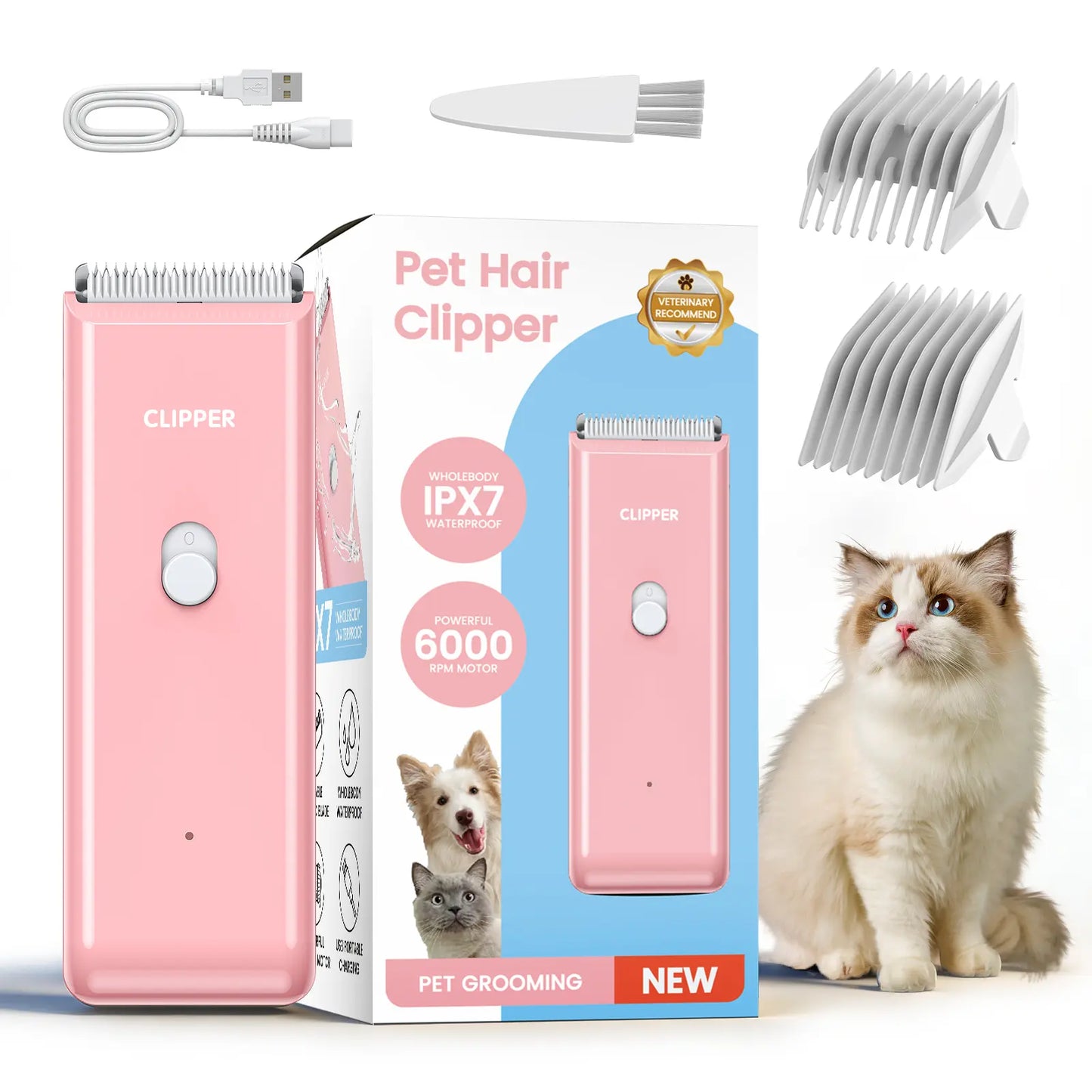 Professional Cordless Pet Clippers for Dog and Cat Grooming, Low Noise Rechargeable Hair Trimmer with Ceramic Blade for Matted and Long Fur