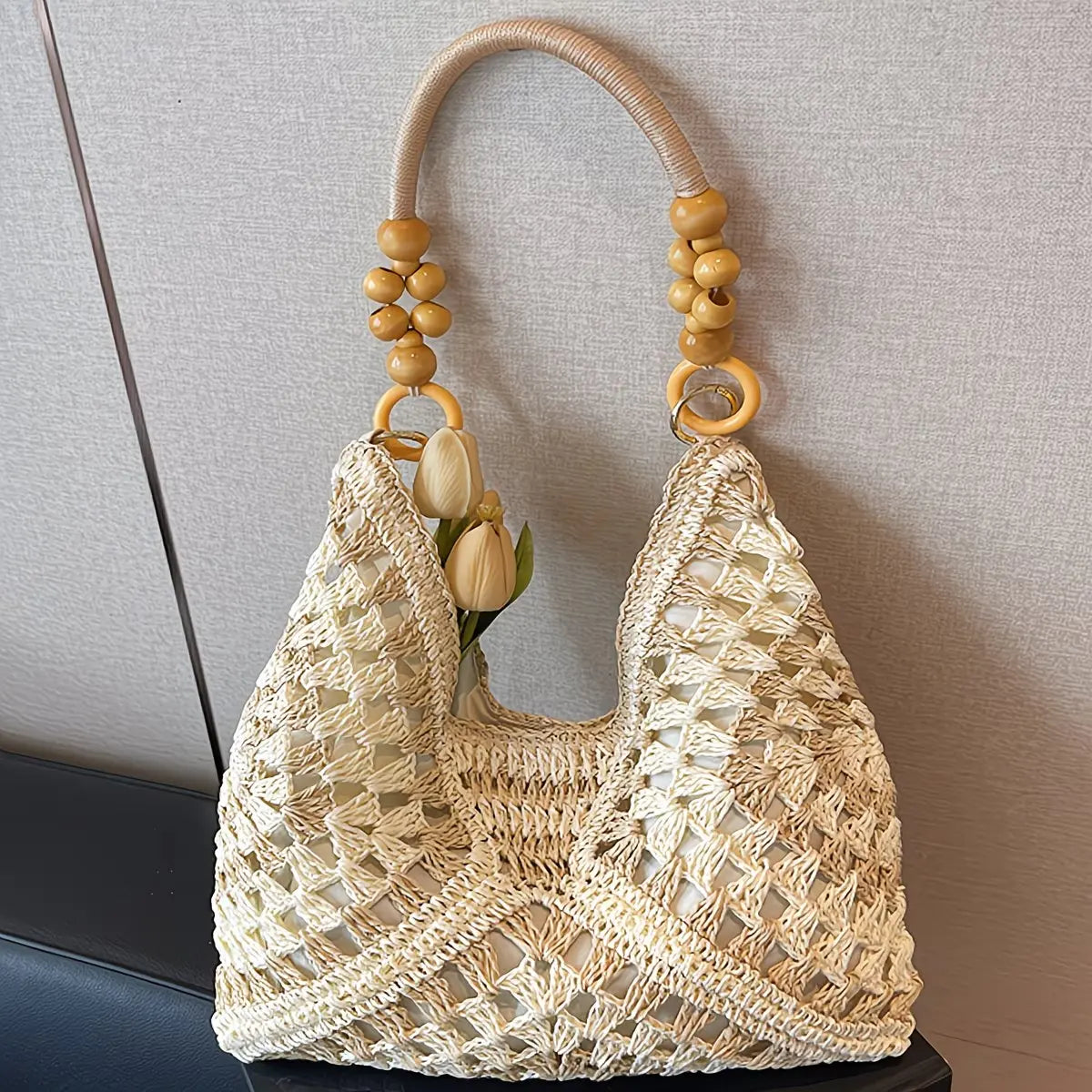 Handcrafted Versatile Woven Bag - Lightweight Crochet Straw Shoulder Bag for Beach and Vacation Use