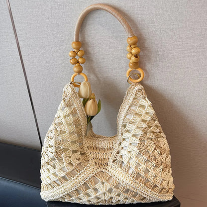 Handcrafted Versatile Woven Bag - Lightweight Crochet Straw Shoulder Bag for Beach and Vacation Use