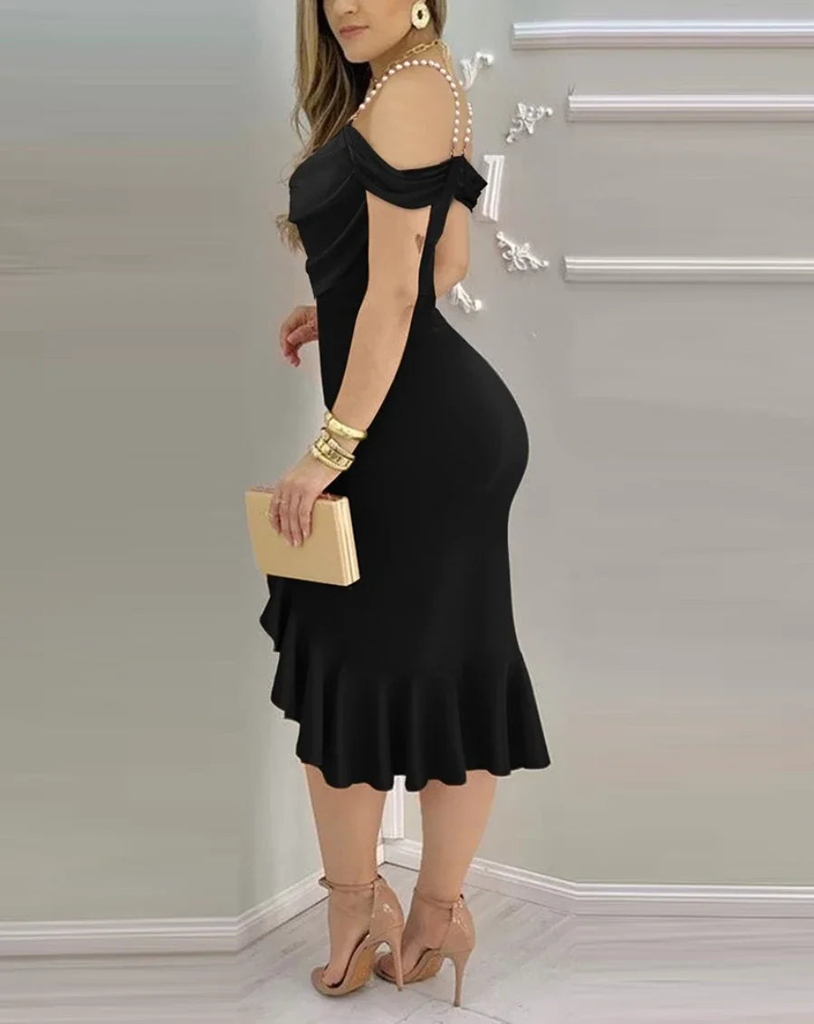 Women Dress Sexy Solid Sexy off Shoulder Ruffle Hem Slit Formal Dress Dresses Cocktail Dress Wedding Guest Dress