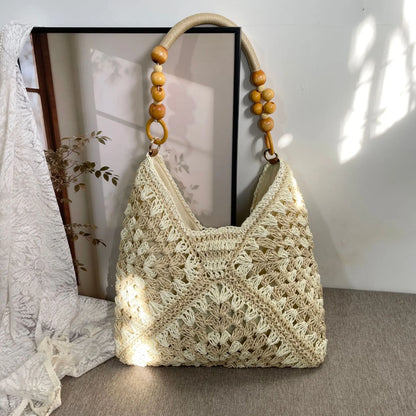 Handcrafted Versatile Woven Bag - Lightweight Crochet Straw Shoulder Bag for Beach and Vacation Use
